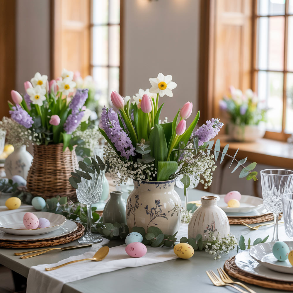 Spring Flower Baskets With Tulips Daffodils Hyacinths And Easter Eggs