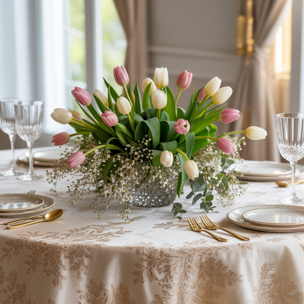 Spring Flower Basket Centerpiece With Tulips Daffodils Hyacinths And Easter Eggs