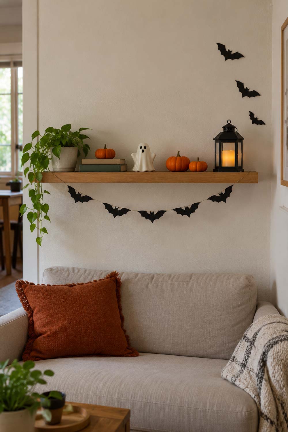 Halloween shelf above a small sofa with mini orange pumpkins, a ceramic ghost, a lantern, and a black bat garland
