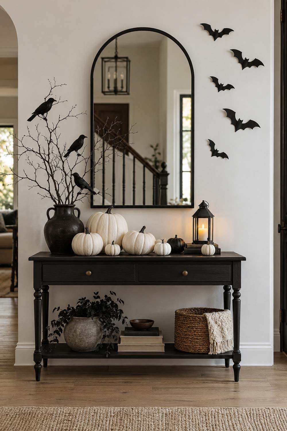 Black Halloween console with white pumpkins, ravens perched on bare branches, and paper bats beside an arched mirror