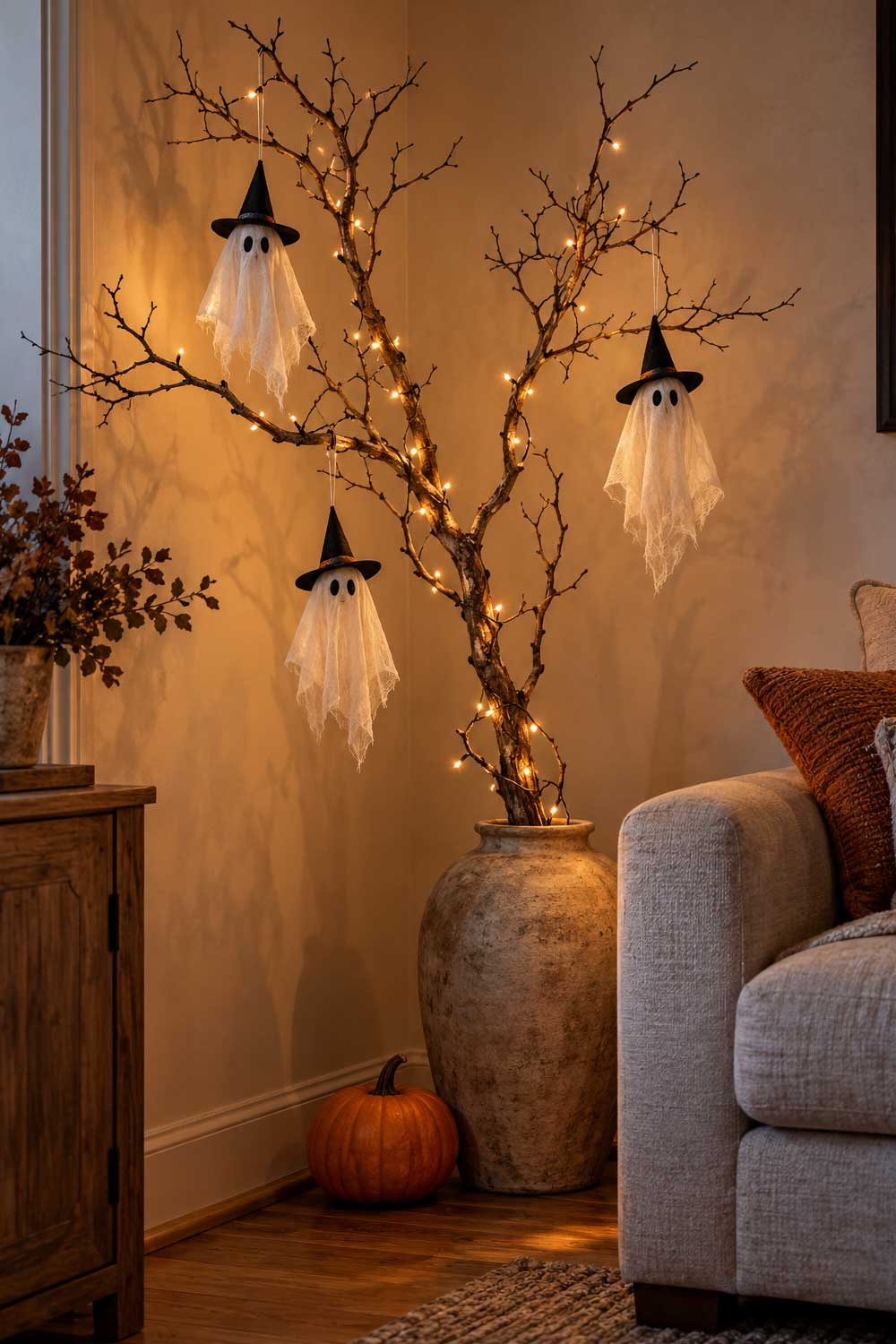Small white ghosts wearing black witch hats hang from branches wrapped in fairy lights beside a beige sofa