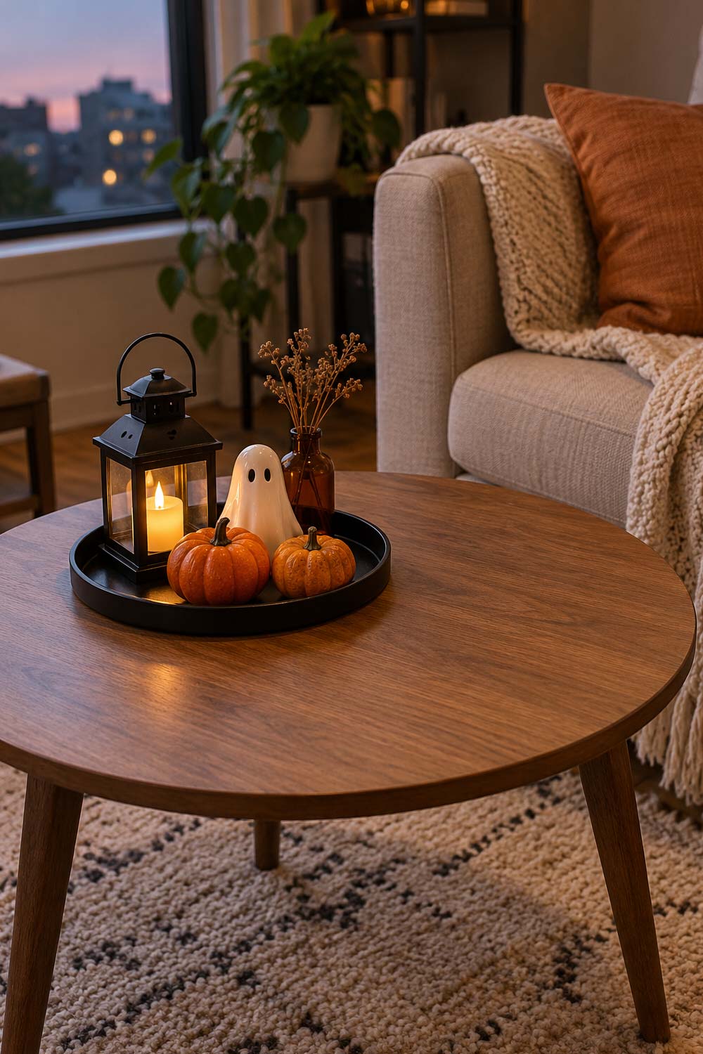 Black tray with miniature pumpkins, a white ceramic ghost, and a glowing lantern on a small round coffee table