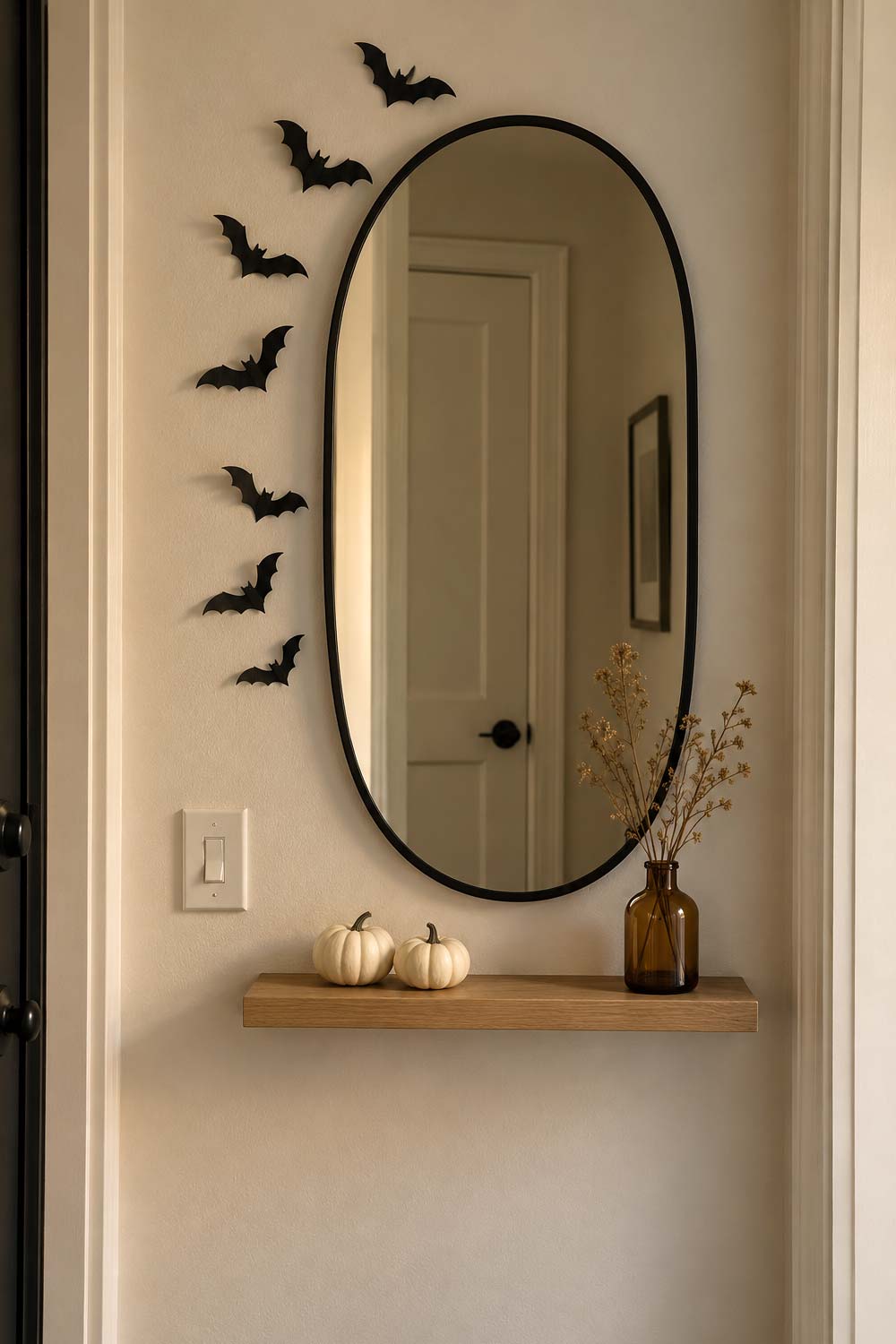 Paper bats around an oval mirror above a narrow shelf with two white pumpkins and an amber vase in a small apartment entryway