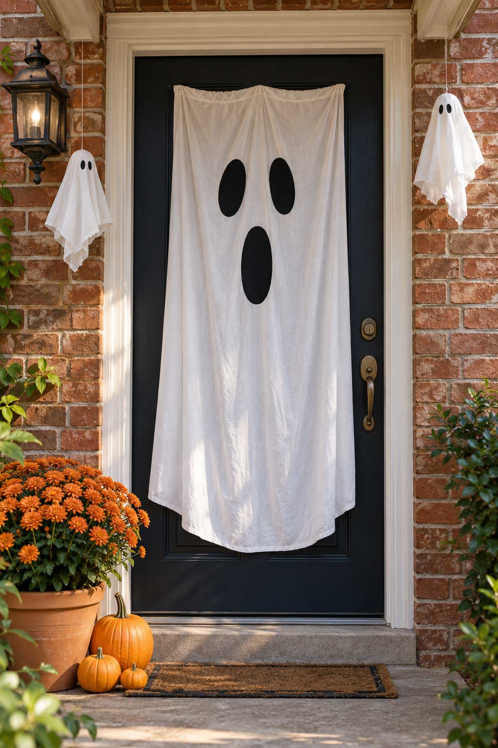 Halloween ghost door decoration made from white fabric and black felt, with hanging ghosts, orange pumpkins, and chrysanthemums