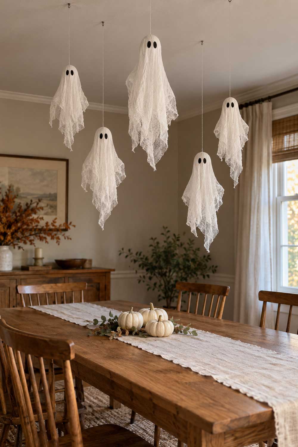 Five white cheesecloth ghosts float above a wooden dining table decorated with a linen runner and cream pumpkins