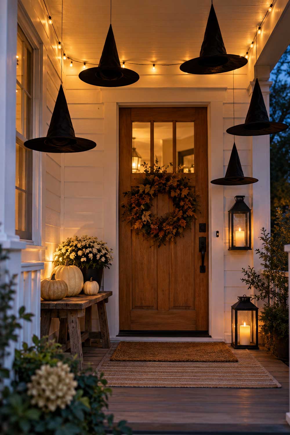 Floating black witch hats above a Halloween porch with warm string lights, white pumpkins, and a wooden front door