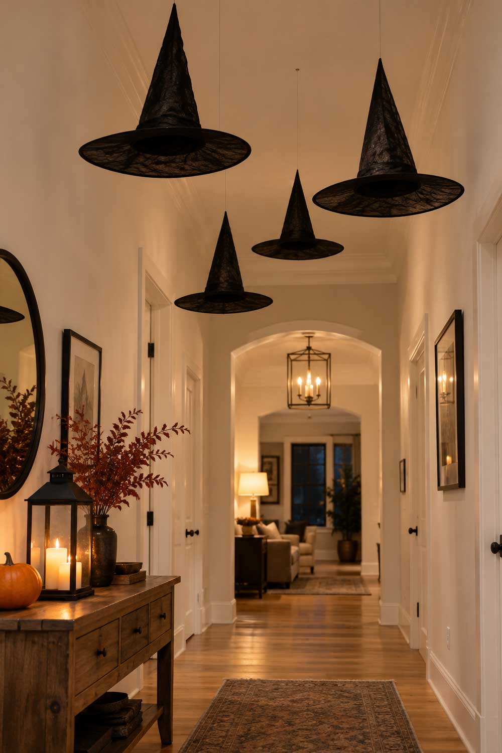 Black witch hats hang at different heights in a warmly lit hallway with a pumpkin and lantern on a wooden console