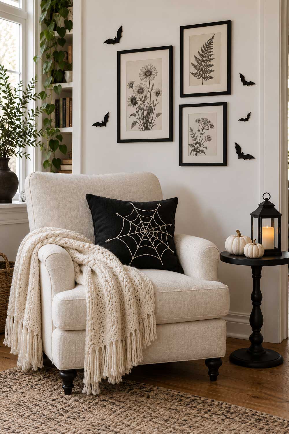 Ivory armchair with a black spiderweb cushion beside white pumpkins and a lantern, with paper bats around framed botanical prints