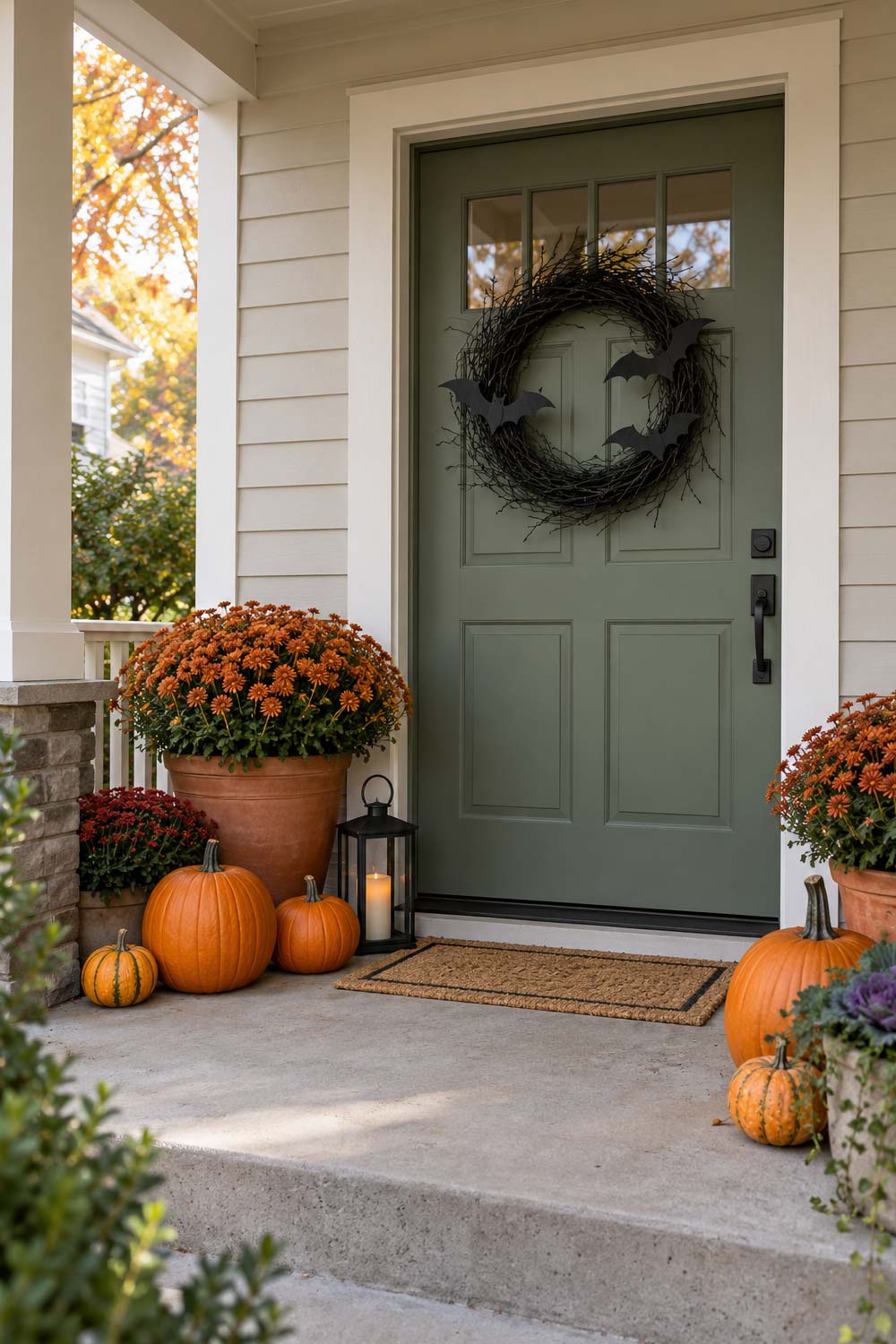 Halloween front porch with a black bat wreath on a sage green door, orange pumpkins, chrysanthemums, and a lantern