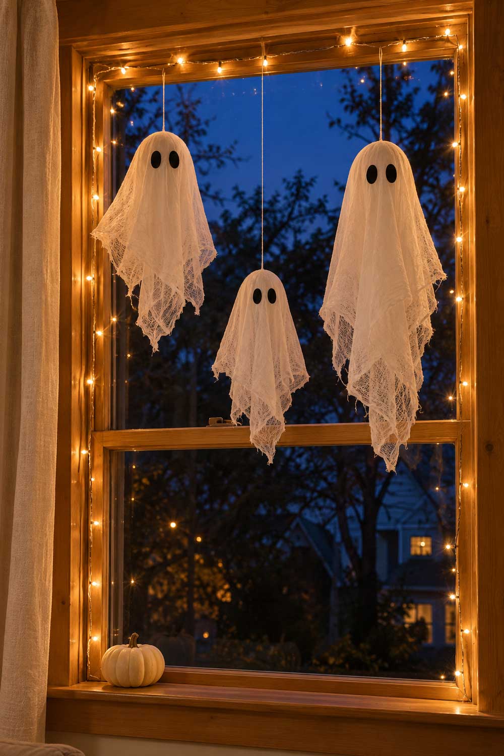 Three white gauze ghosts hanging in a wooden window framed with warm fairy lights