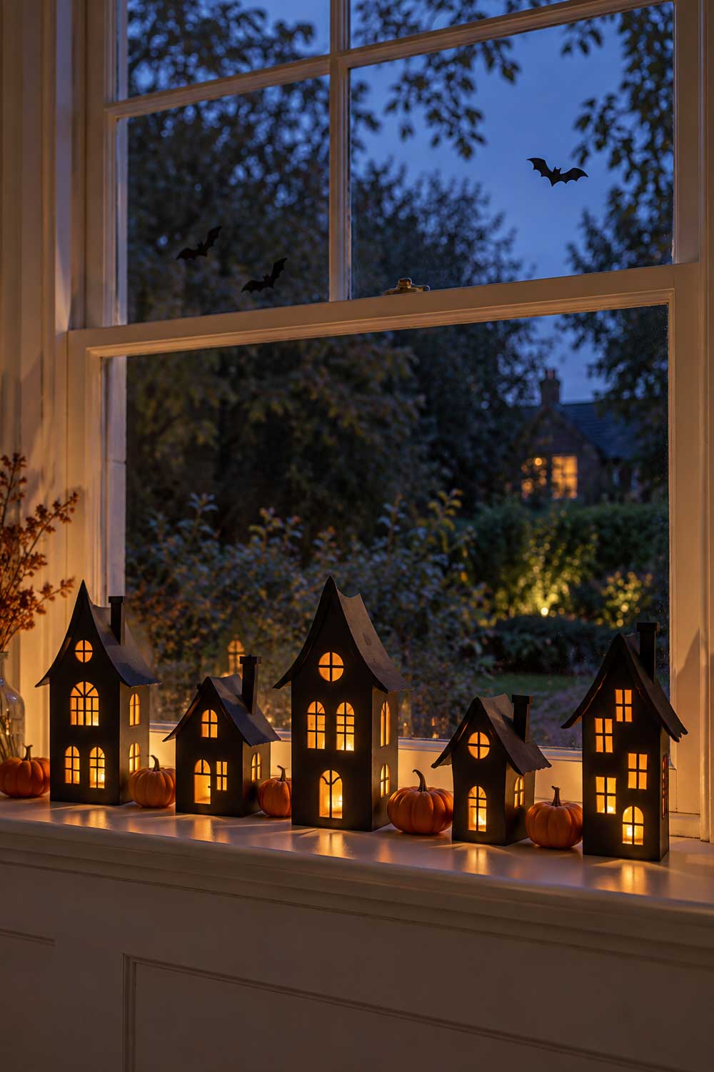 Glowing black paper haunted houses and miniature orange pumpkins arranged on a Halloween windowsill